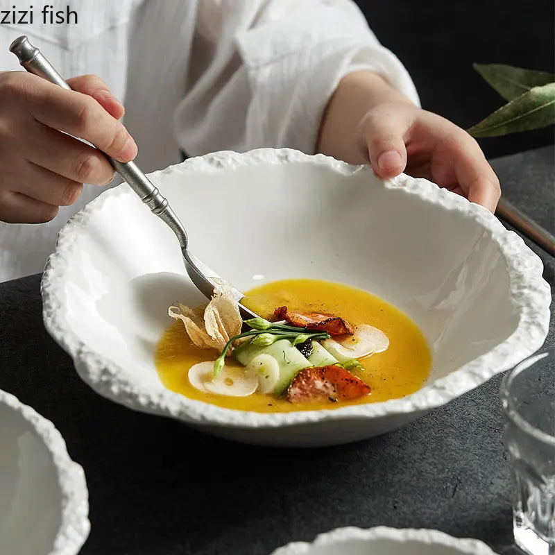 White Porcelain Rock Edge Soup Bowl Modern Tableware - Tophatter Daily Deals