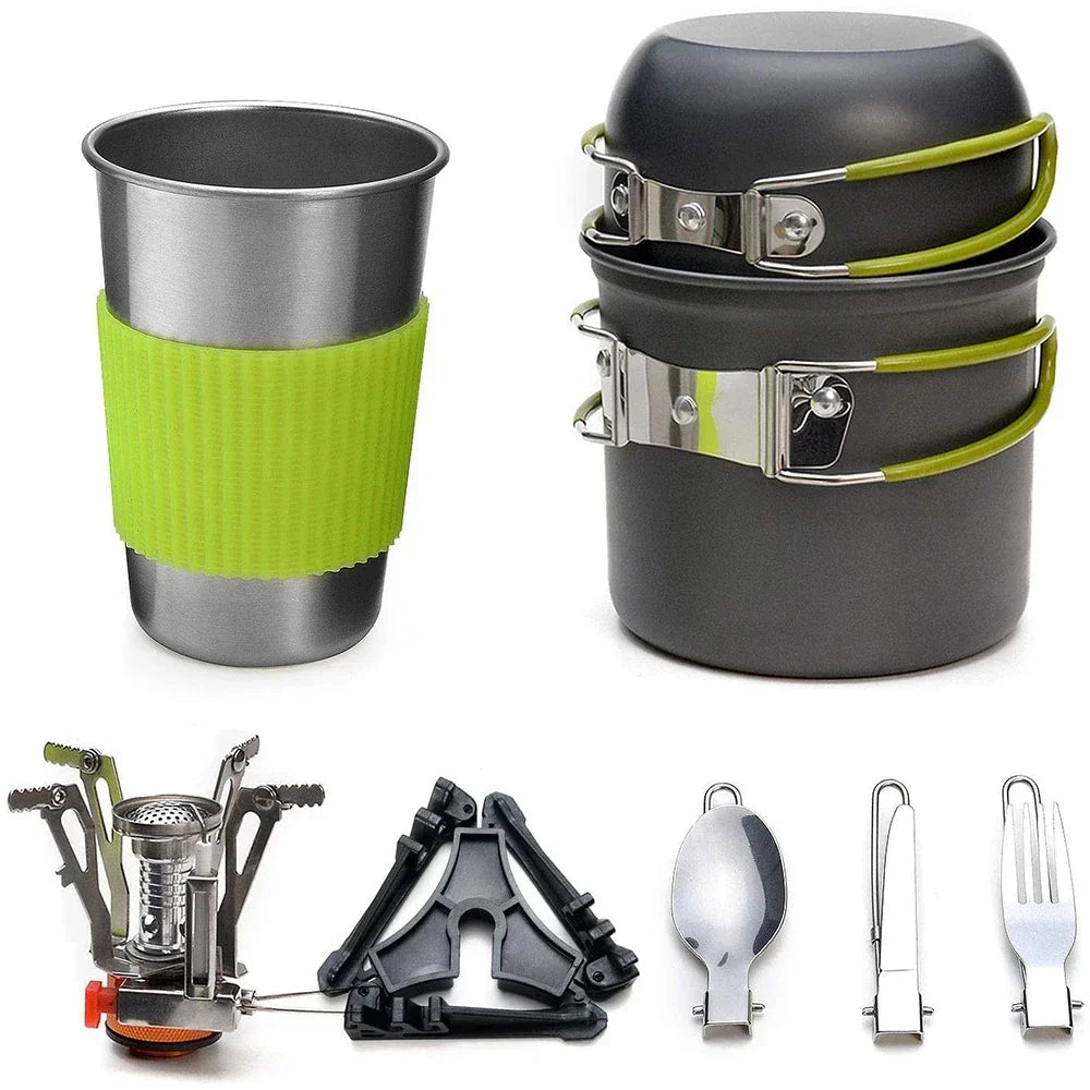 Camping Cookware Kit with Stove Green Camp Cooking - Tophatter Daily Deals
