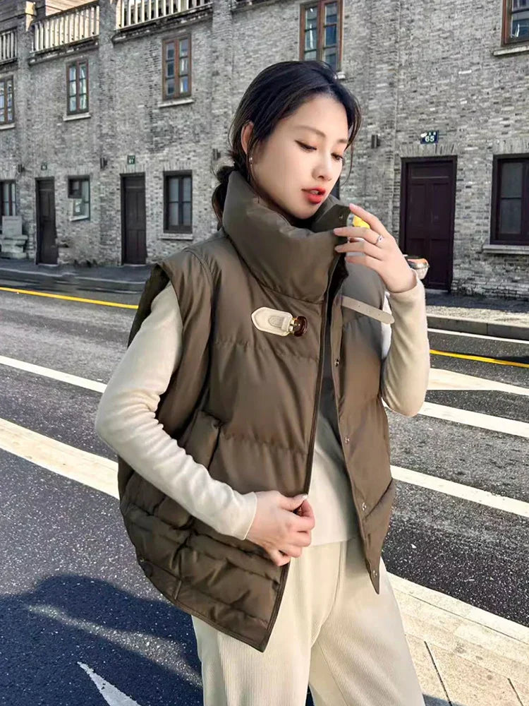 Warm Women’s Down Vest - Cropped Boxy, PU, Winter Layering - Tophatter Daily Deals