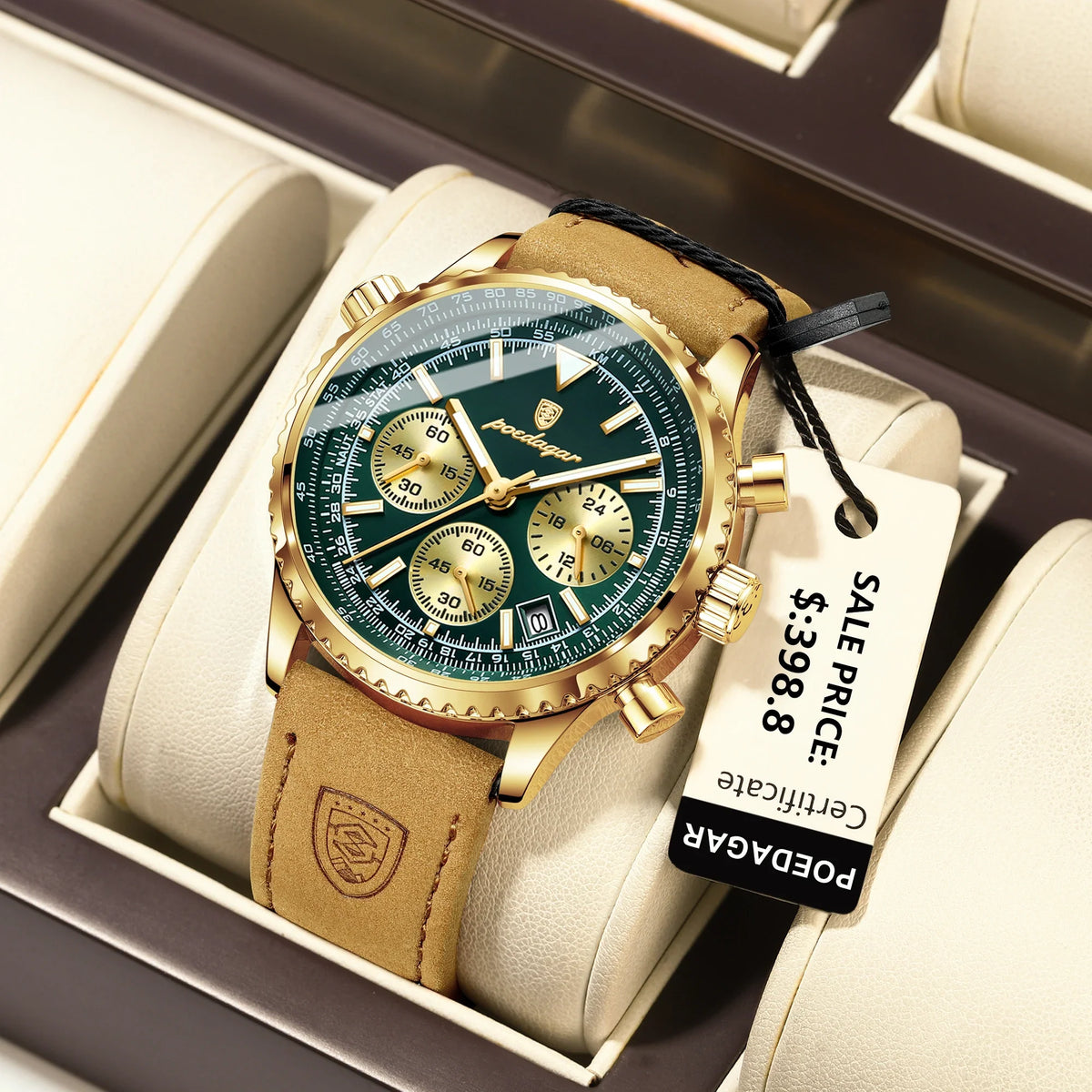 Quartz Chronograph Watch Waterproof Luminous Date Leather 960Gold Green L - Tophatter Daily Deals