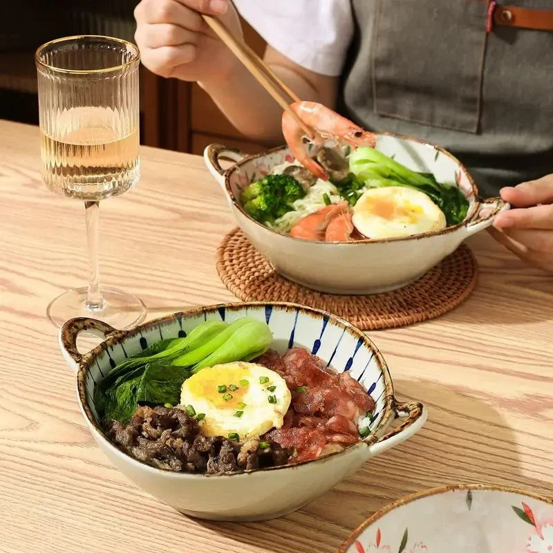 Ceramic Noodle Bowl 7.5 Inch Dual Handle Floral Bowl - Tophatter Daily Deals
