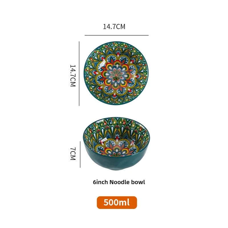 Bohemian Ceramic Rice Bowl Retro Noodle Bowl Kitchen Gift Feicuiyu-6Inch - Tophatter Daily Deals
