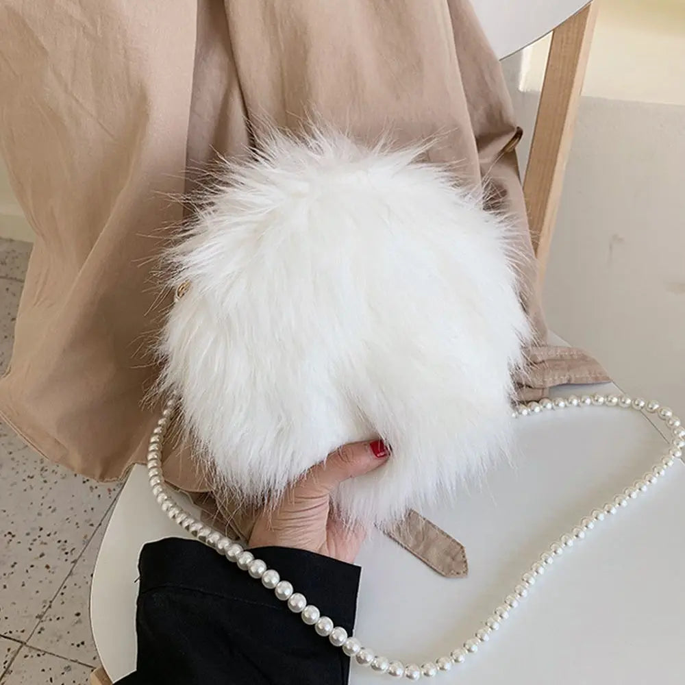 Faux Fur Fluffy White Bag Crossbody Handbag Pearl Strap Mythical - Tophatter Daily Deals