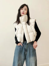 Warm Women Short Down Vest - Stand-Up Collar, Winter Beige - Tophatter Daily Deals