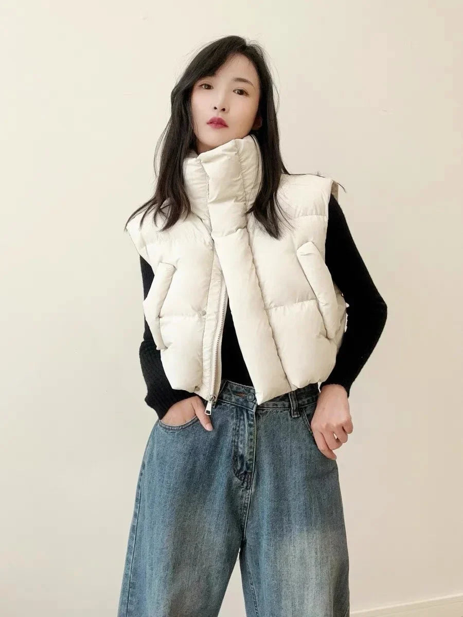 Warm Women Short Down Vest - Stand-Up Collar, Winter Beige - Tophatter Daily Deals