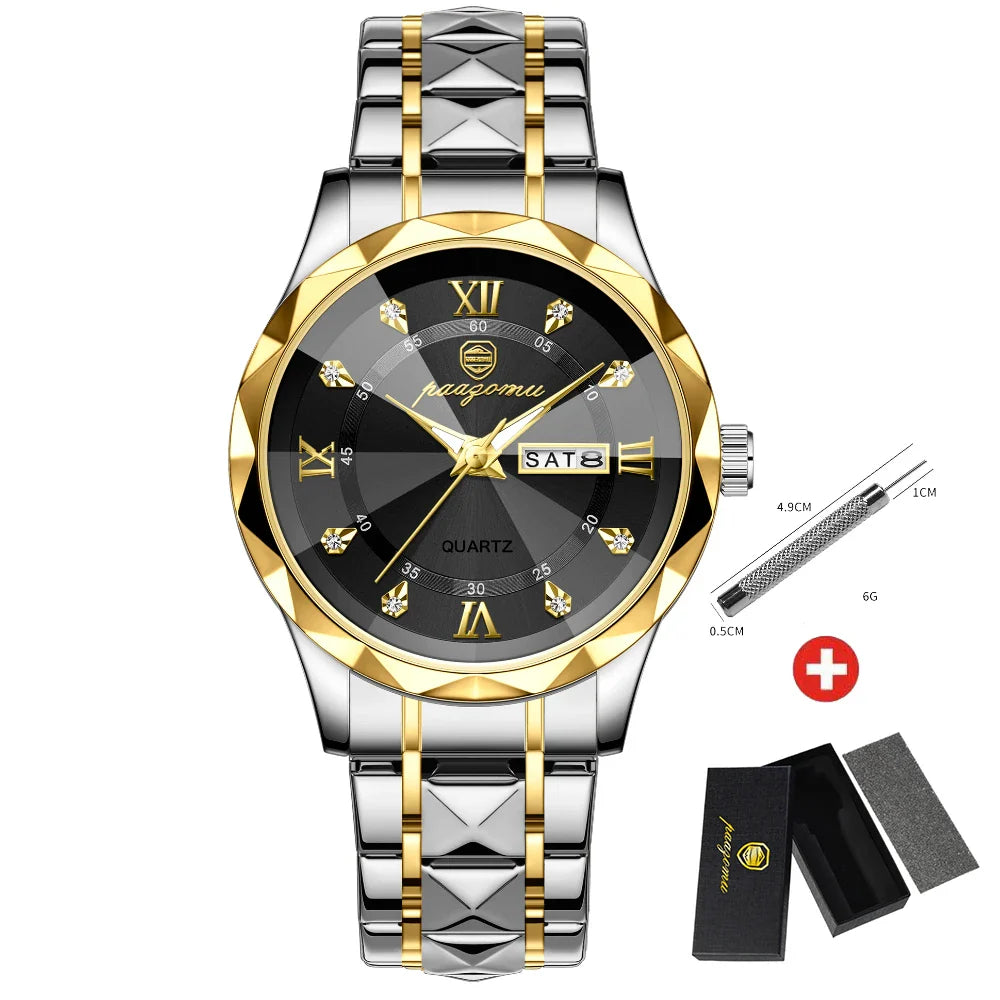 Quartz Stainless Steel Dress Watch Waterproof Glow Dial Gold black - Tophatter Daily Deals