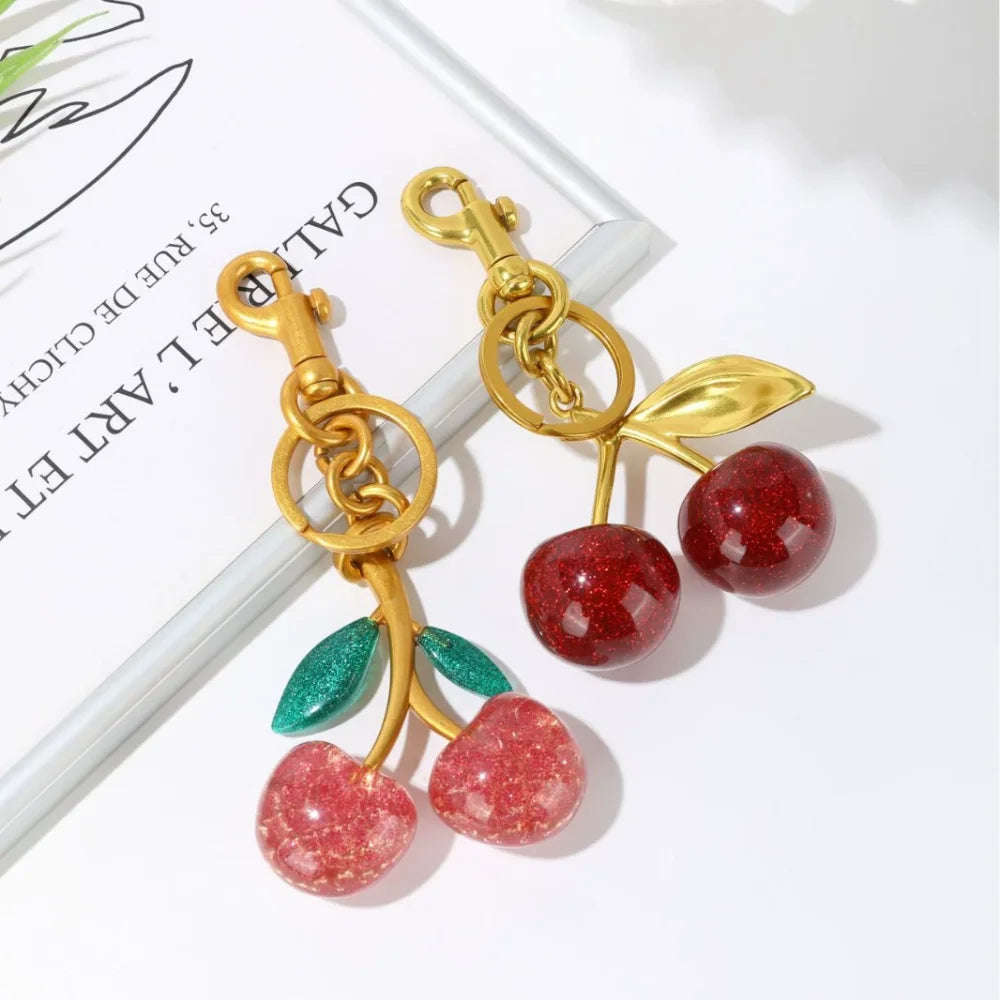 Red Cherry Keychain Bag Charm With Gold Leaf Lobster Clasp - Tophatter Daily Deals