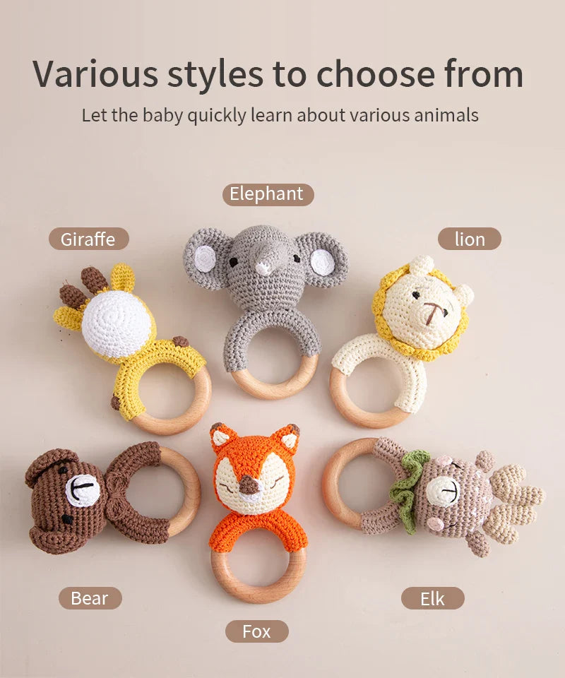 Wooden Crochet Animal Teether Rattle Newborn Sensory Toys - Tophatter Daily Deals
