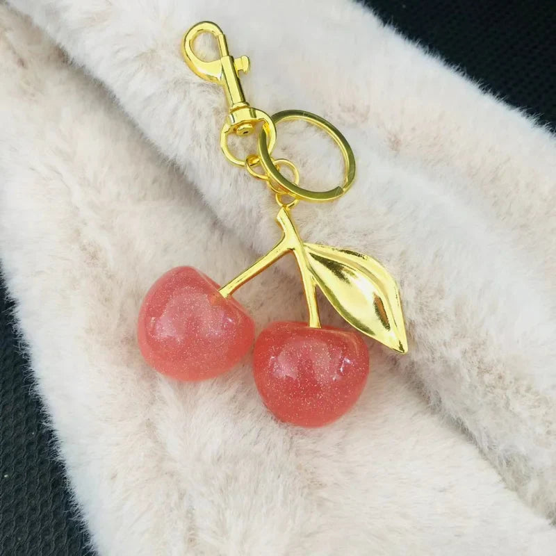 Red Cherry Keychain Bag Charm With Gold Leaf Lobster Clasp Gold Pink - Tophatter Daily Deals