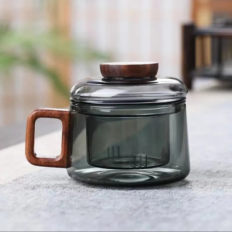 200ml Tea Infuser Cup Heat Resistant Glass Mug Wood Handle Smoky Gray - Tophatter Daily Deals
