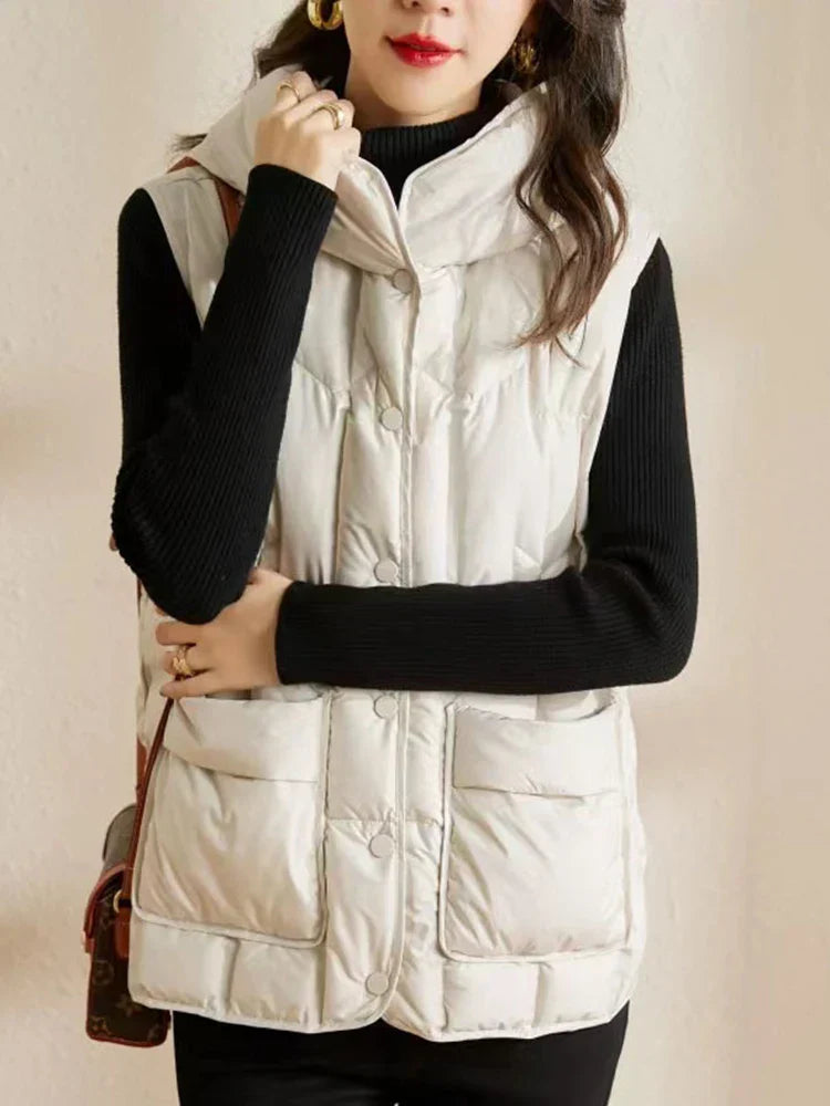 Lightweight Women Hooded Down Vest - Boxy, Down, Autumn - Tophatter Daily Deals