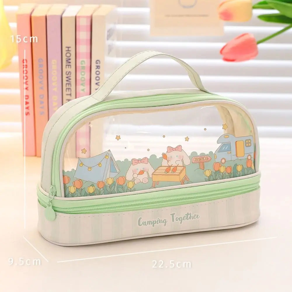 Kawaii Double Layer Pencil Case Large Transparent Stationery Green Picnic Animals - Tophatter Daily Deals