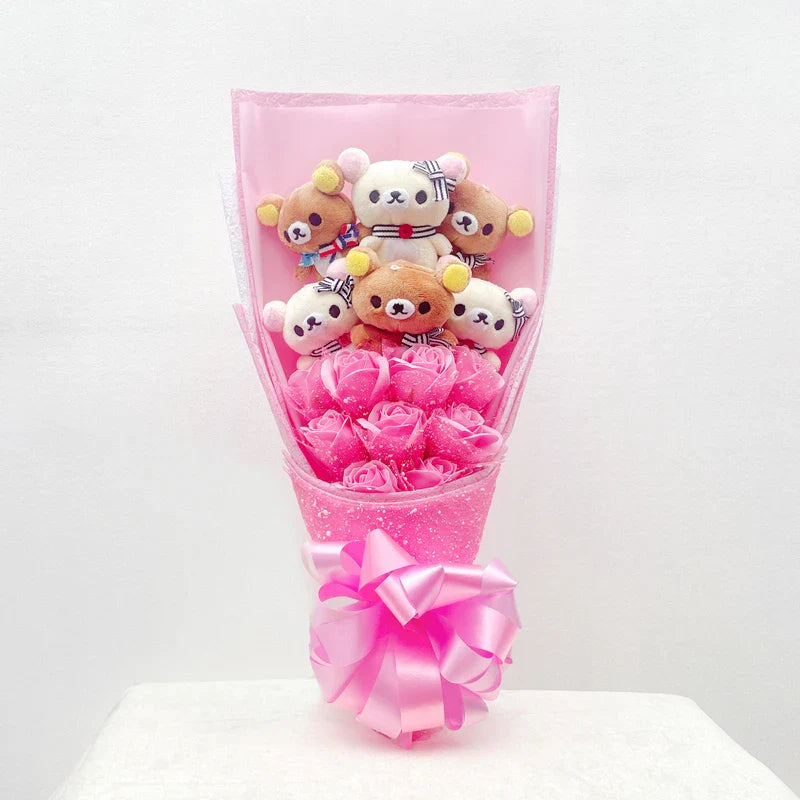 San-X Rilakkuma Korilakkuma Teddy Bear Plush Toy Flower Bouquet Gift Box San-x Rilakkuma & Korilakkuma - Dark Pink Flowers - Tophatter Daily Deals