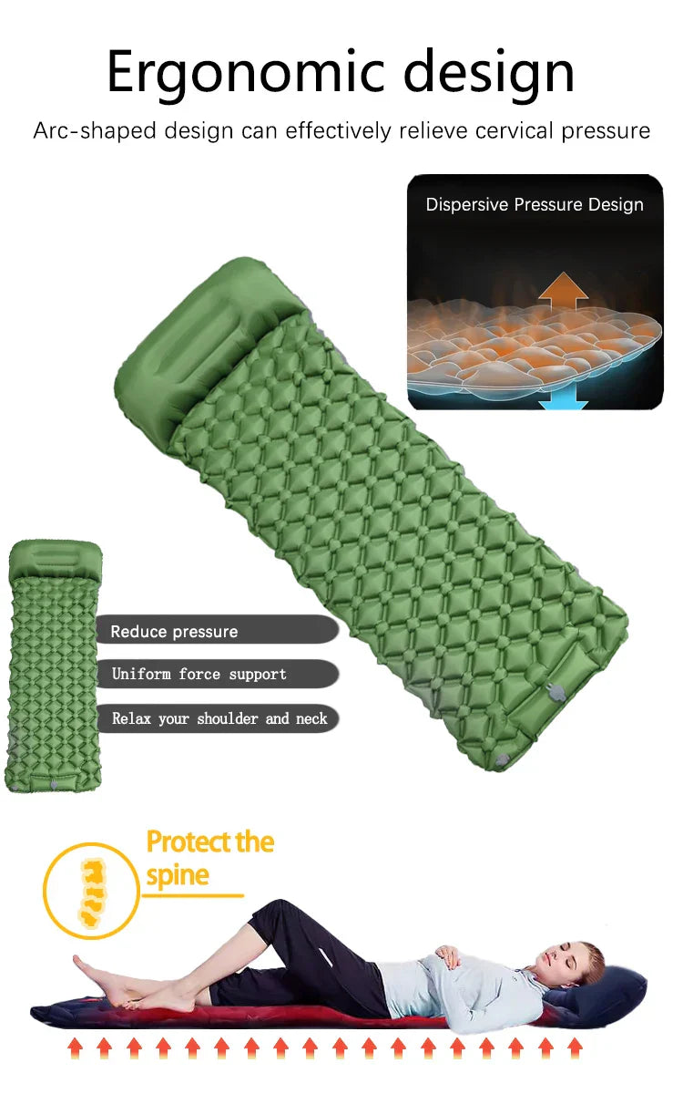 Inflatable Camping Mattress with Pillow Built-In Pump Air Green Camping & Hiking - Tophatter Daily Deals