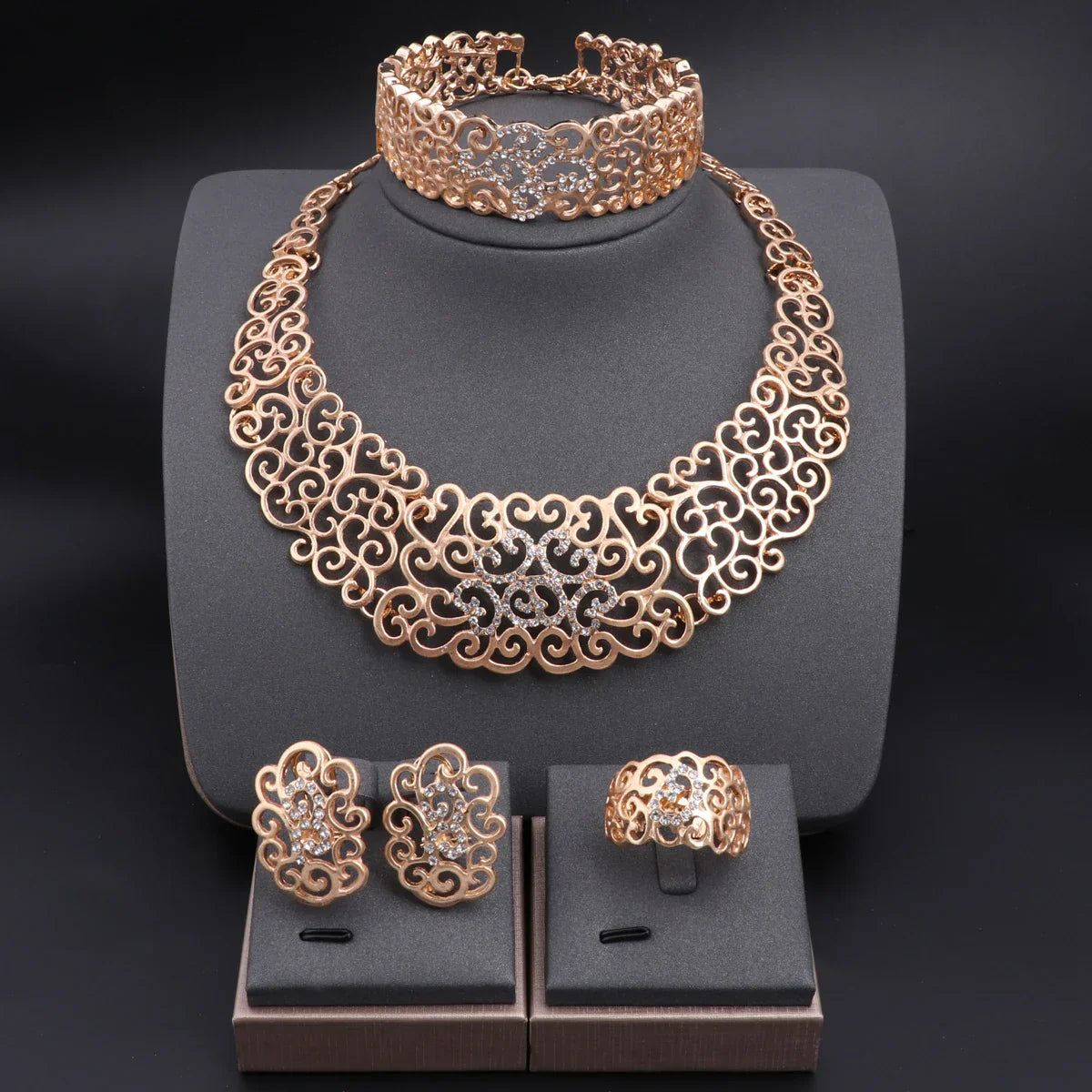 Jewelry Set Necklace Earrings Ring Bracelet (Gold) Apparel & Accessories > Jewelry > Jewelry Sets - Tophatter Daily Deals