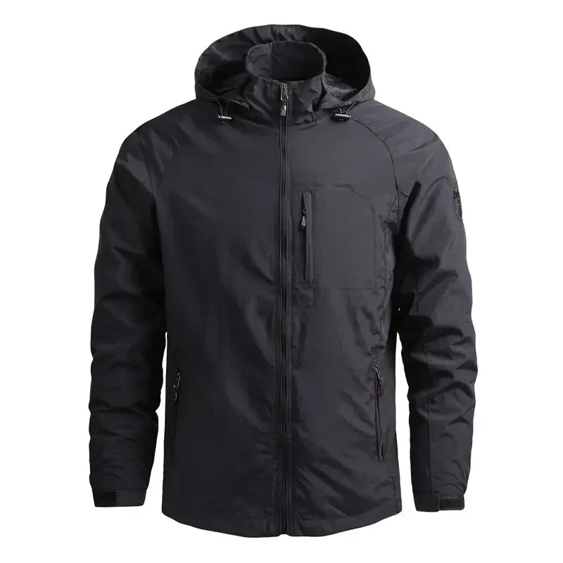 Waterproof Men Jacket- Hooded Windbreaker Polyester Camping Black - Tophatter Daily Deals