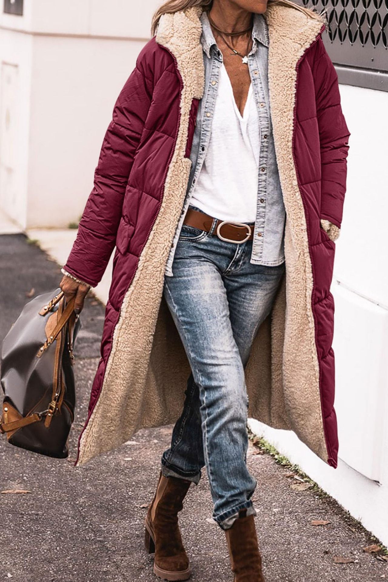 Warm Women’s Reversible Long Coat - Quilted Sherpa Hooded Wine red - Tophatter Daily Deals