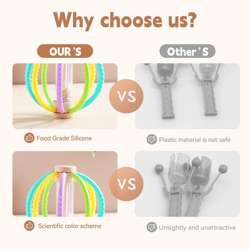 Baby Rattle Silicone Teether Wooden Newborn Sensory Toys - Tophatter Daily Deals