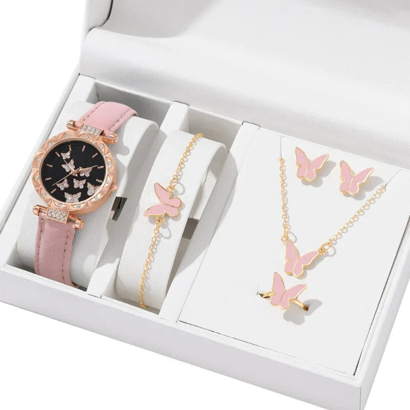 Butterfly Jewelry Set Watch Necklace Earrings Bracelet (Pink) Apparel & Accessories > Jewelry > Jewelry Sets - Tophatter Daily Deals