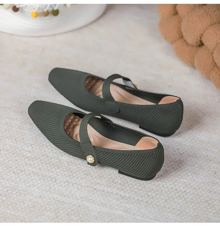 Stretchy Women Mary Jane Flats - Ribbed Knit For Spring Army green - Tophatter Daily Deals