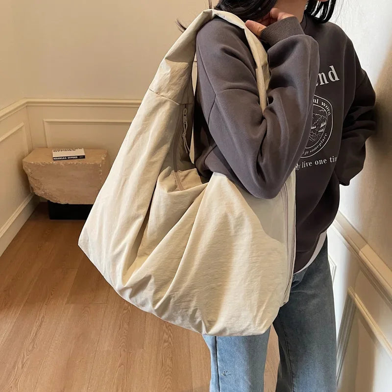 Lightweight Versatile Women Shoulder Bag - Slouchy Nylon Beige - Tophatter Daily Deals