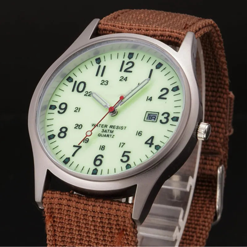 Quartz Field Watch Nylon Strap Military Style Date Luminous Coffee fluorescent - Tophatter Daily Deals