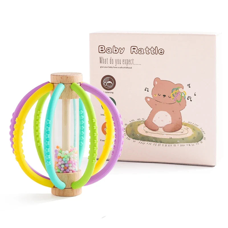 Baby Rattle Silicone Teether Wooden Newborn Sensory Toys 1 - Tophatter Daily Deals