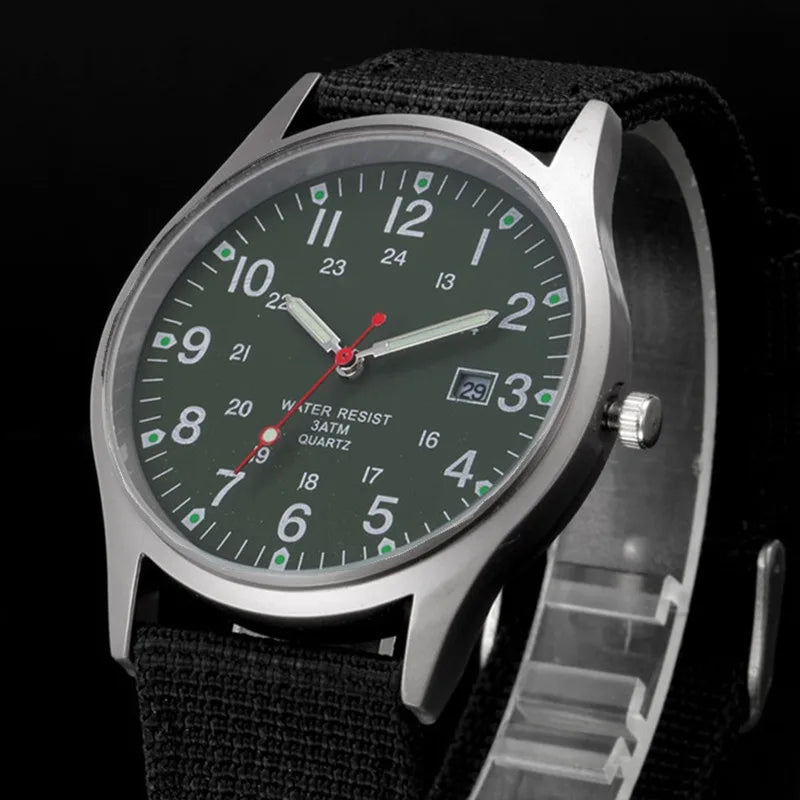 Quartz Field Watch Nylon Strap Military Style Date Luminous Black green - Tophatter Daily Deals