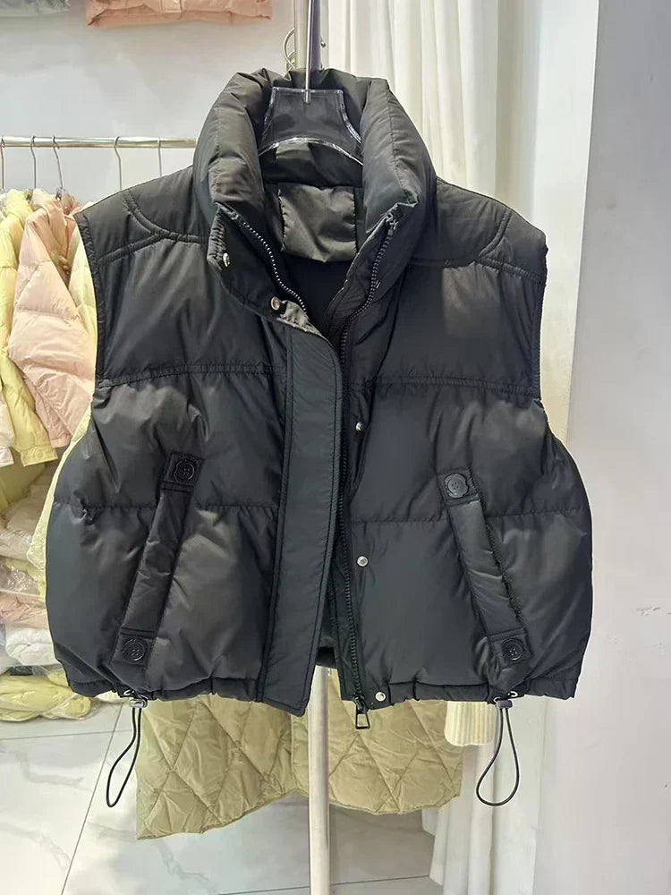 Warm Women’s Down Vest - Stand Collar, Duck Down, Winter Black - Tophatter Daily Deals