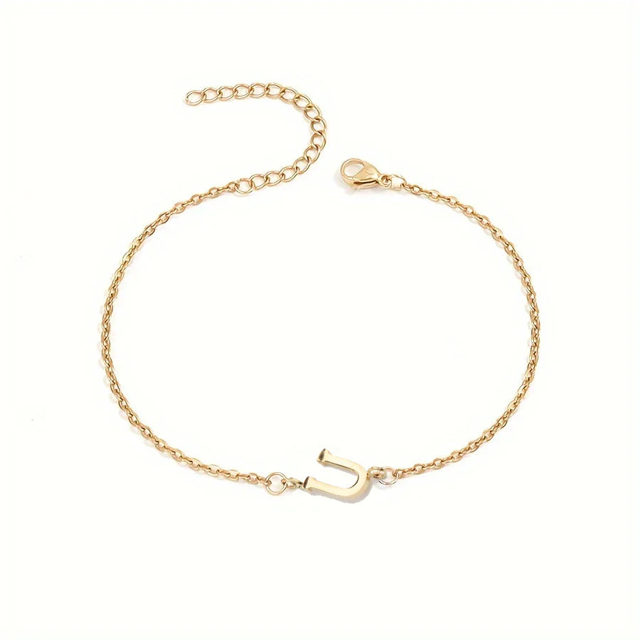 Initial Letter Bead Bracelet Thin Chain Minimalist Elegant U - Tophatter Daily Deals