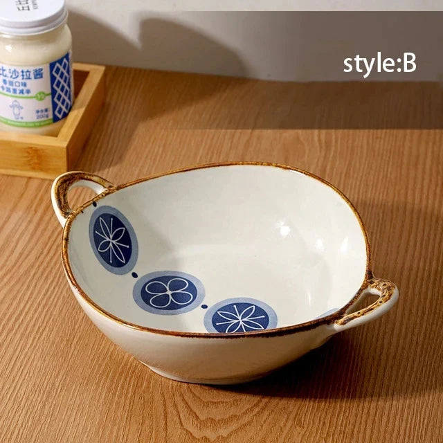 Ceramic Noodle Bowl 7.5 Inch Dual Handle Floral Bowl B - Tophatter Daily Deals