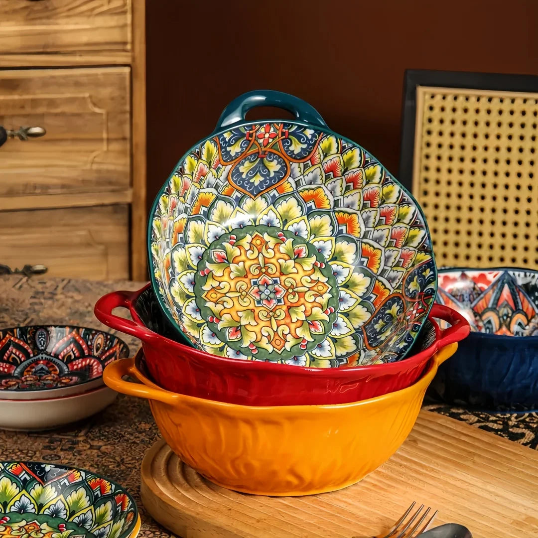Ceramic Soup Bowl Bohemian Handle Embossed Microwave - Tophatter Daily Deals