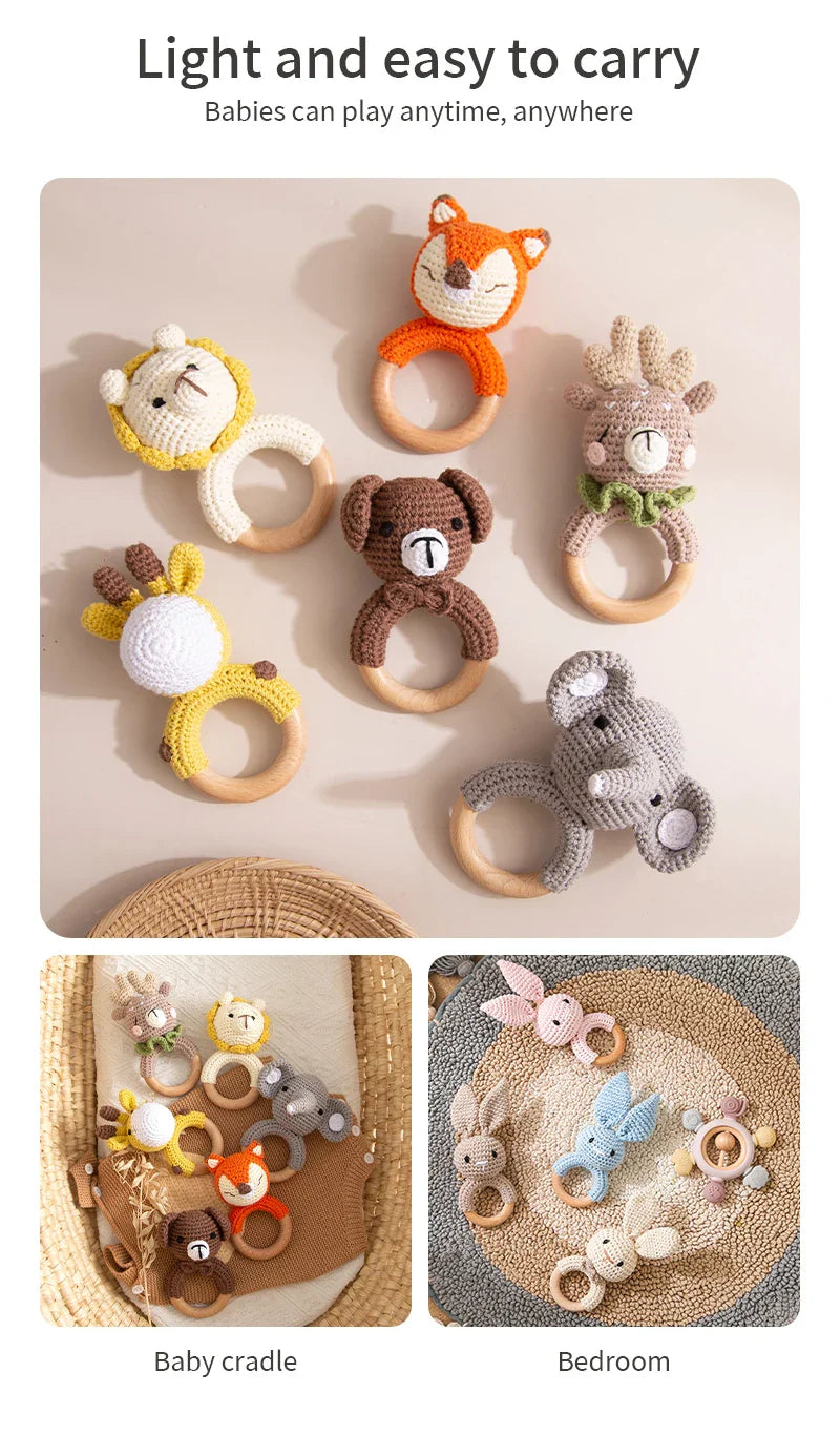 Wooden Crochet Animal Teether Rattle Newborn Sensory Toys - Tophatter Daily Deals