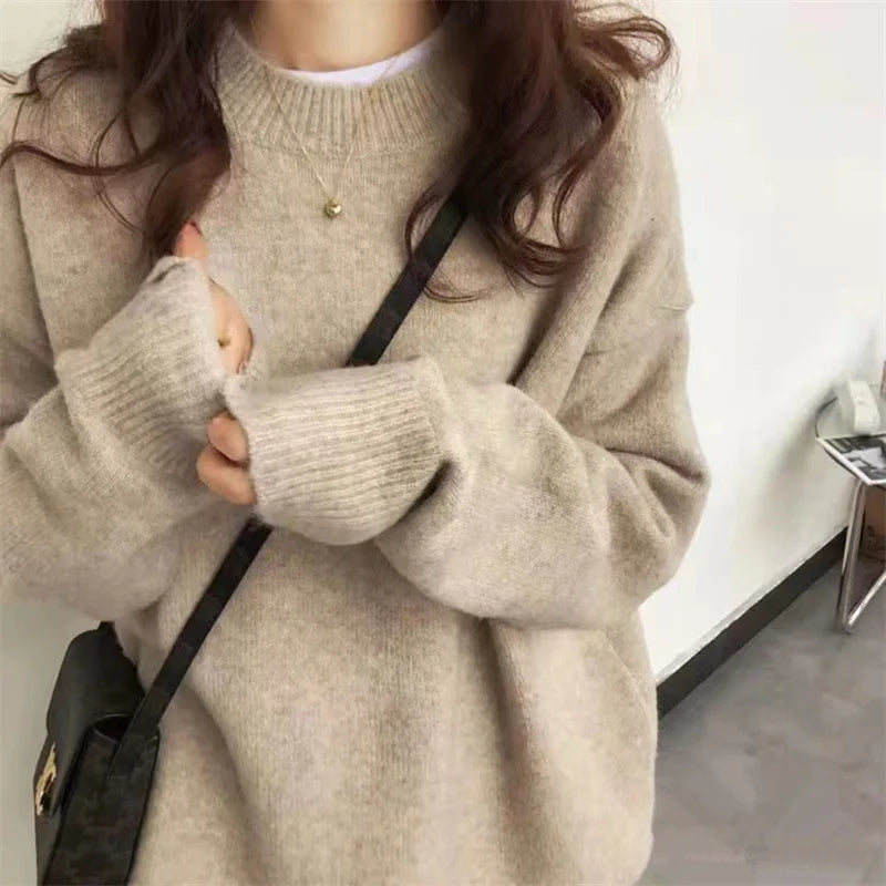 Cozy Oversized Women’s Pullover Sweater - Round Neck Knit Khaki One Size - Tophatter Daily Deals