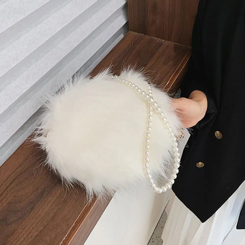Faux Fur Fluffy White Bag Crossbody Handbag Pearl Strap Mythical - Tophatter Daily Deals