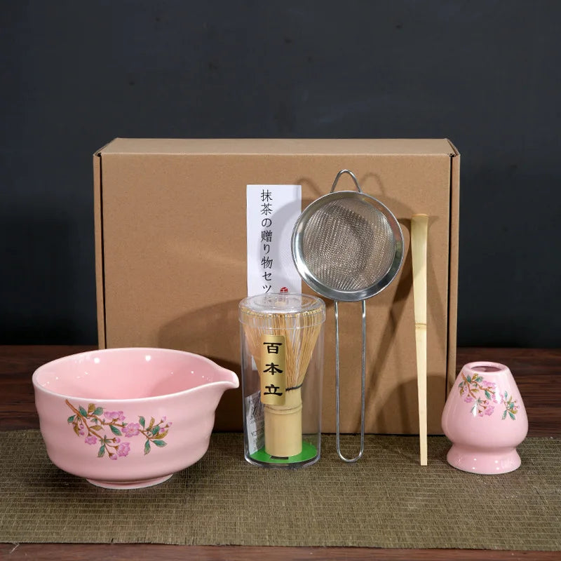 Matcha Tea Set Porcelain Bowl Bamboo Whisk Traditional Box Pink - 5pc - Tophatter Daily Deals