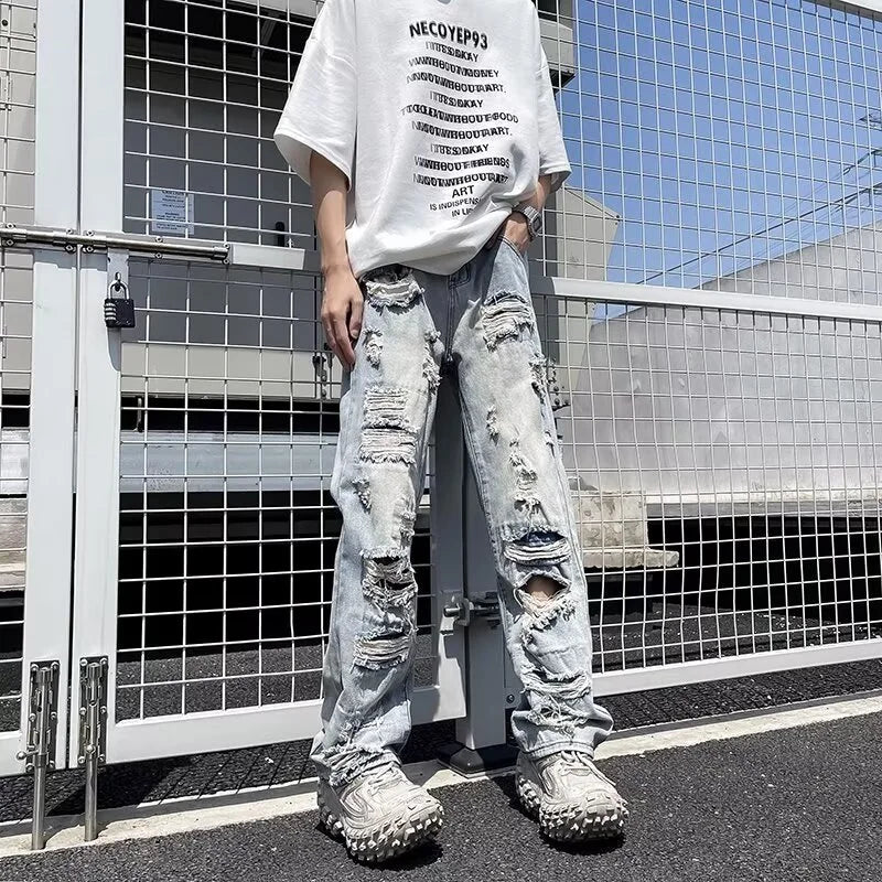 Oversized Relaxed Mens Jeans - Ripped Straight Leg Denim - Tophatter Daily Deals