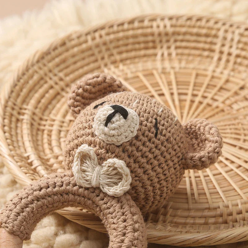 Crochet Bear Teether Rattle Ring Newborn Sensory Toys - Tophatter Daily Deals