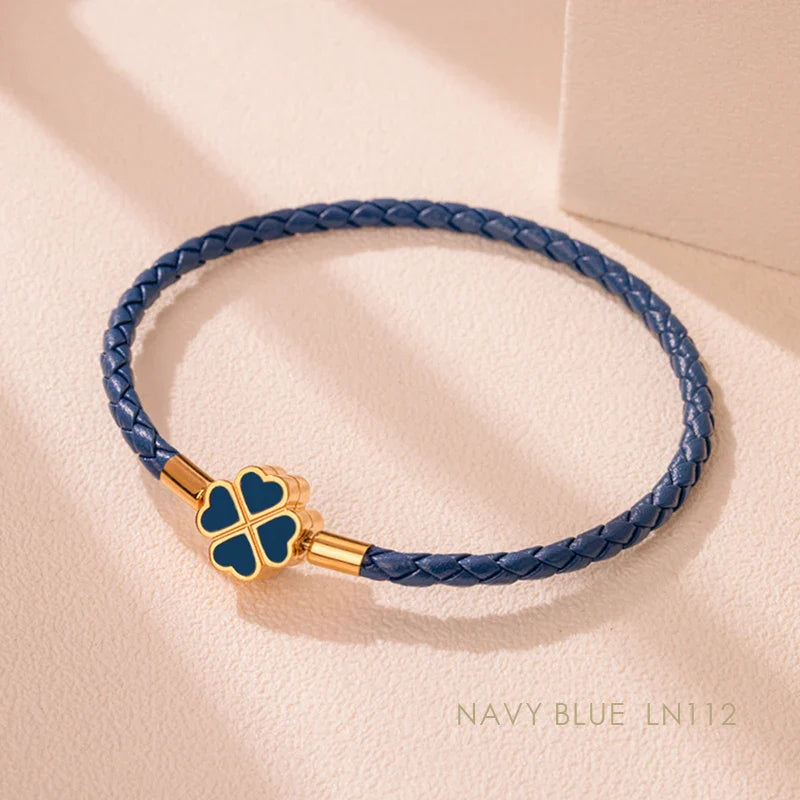 Four Leaf Clover Braided Leather Lucky Bracelet Gift Navy Blue CHINA - Tophatter Daily Deals