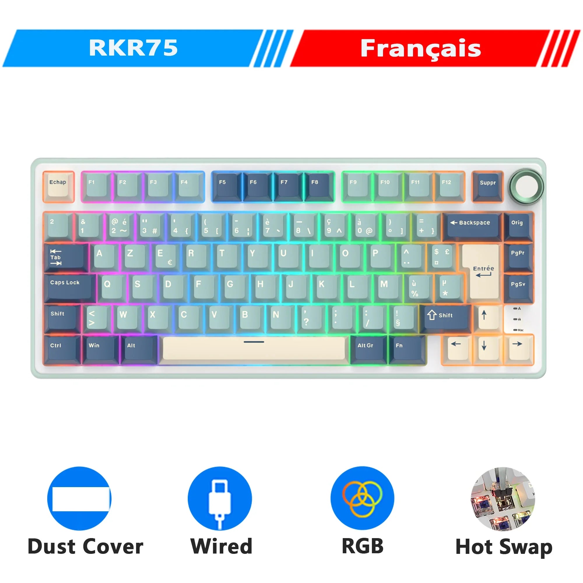 Mechanical Keyboard R75 Gasket 80Key RGB Hot Swap Spanish French Forest Blue - Tophatter Daily Deals