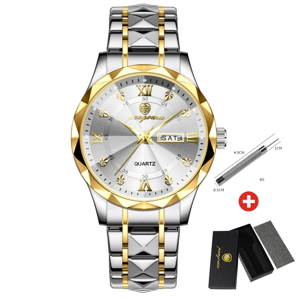 Quartz Stainless Steel Dress Watch Waterproof Glow Dial Gold white - Tophatter Daily Deals