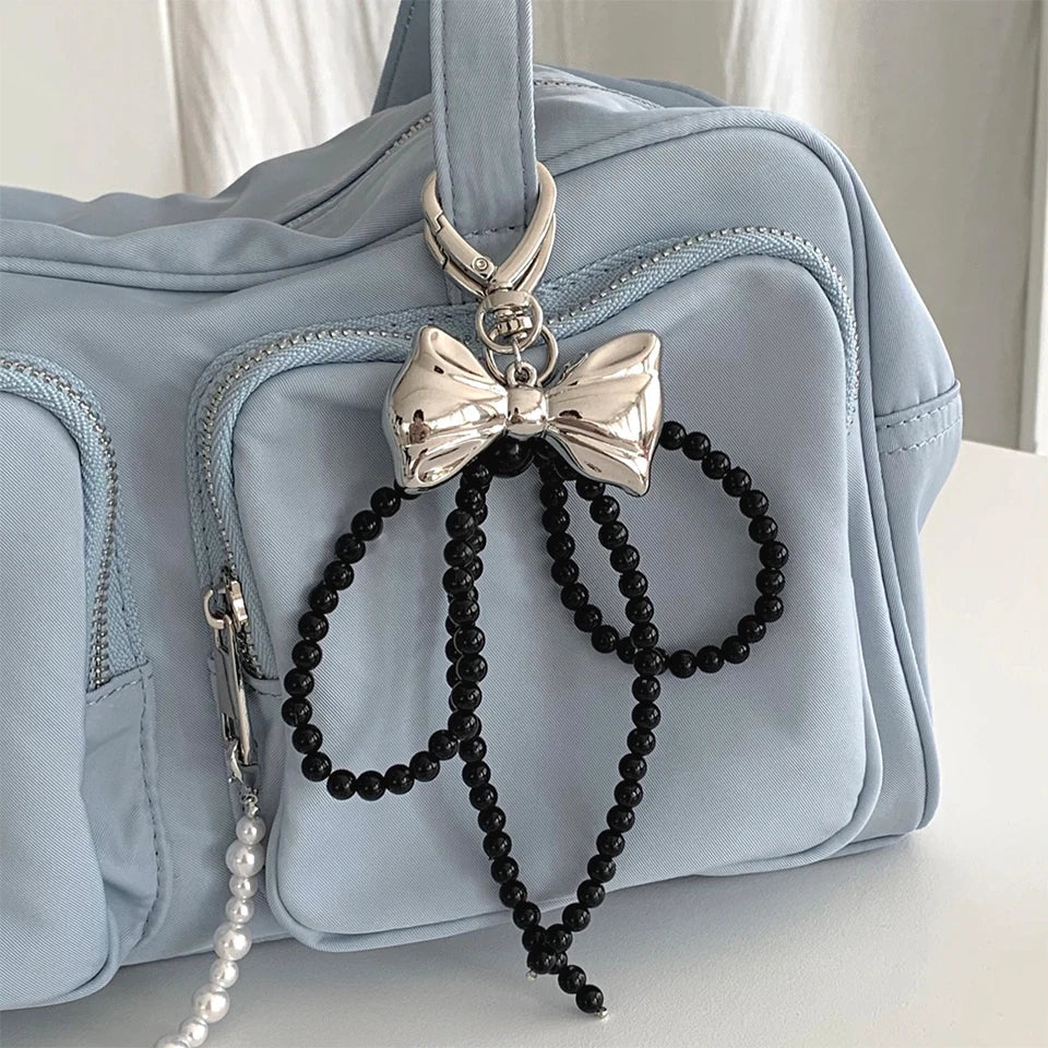 Beaded Pearl Bow Keychain Y2K Bag Charm Cute Gift Accessory Black set - Tophatter Daily Deals