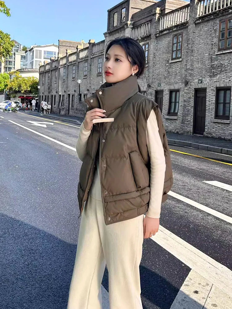Warm Women’s Down Vest - Cropped Boxy, PU, Winter Layering - Tophatter Daily Deals
