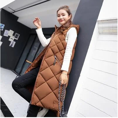 Lightweight Women's Long Puffer Vest - Hooded Cotton Winter Brown - Tophatter Daily Deals