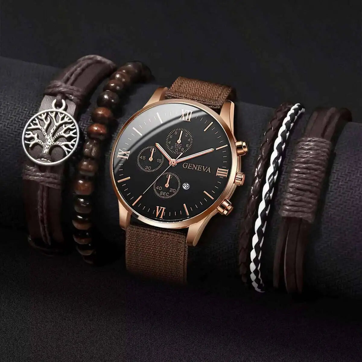 Quartz Watch And Bracelet Set Nylon Band Casual Gift Brown D No Box - Tophatter Daily Deals