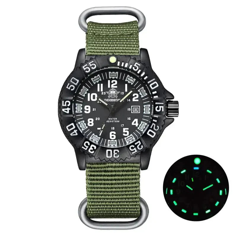 Military Watch Green Nylon Strap 50m Waterproof Luminous Nylon army green - Tophatter Daily Deals