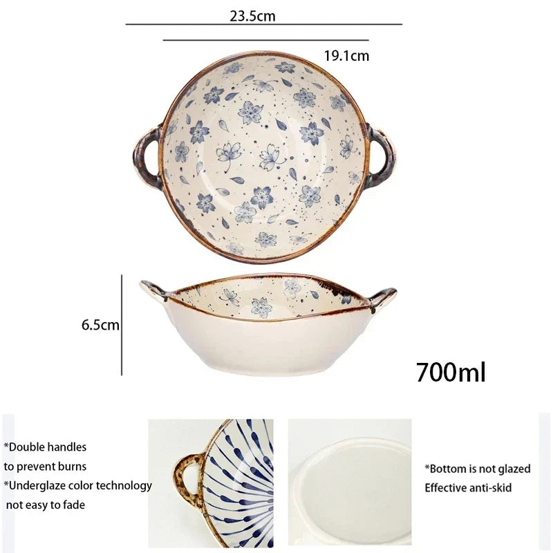 Ceramic Noodle Bowl 7.5 Inch Dual Handle Floral Bowl - Tophatter Daily Deals
