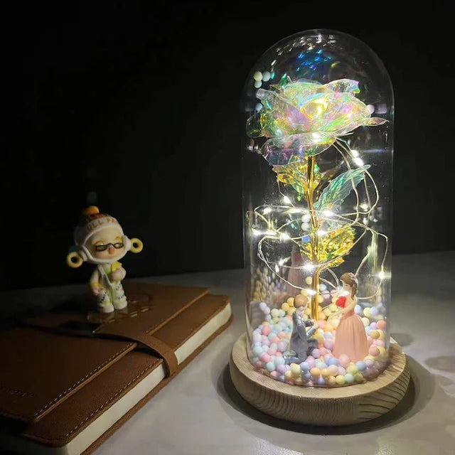 Beauty & The Beast Eternal Red Rose In Glass Dome with LED Lights Holographic Flowers - Tophatter Daily Deals