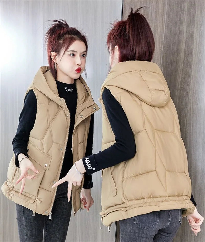 Warm Cozy Women Puffer Vest - Hooded Midlength, Winter - Tophatter Daily Deals