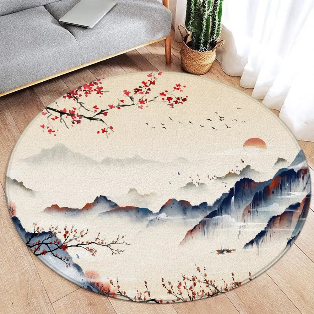 Koi Fish Round Rug Japanese Water Ink Floor Decor Serene DD-8084AE - Tophatter Daily Deals
